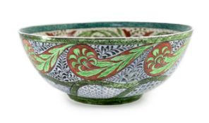 An unusual Arts & Crafts experimental pottery bowl, dated 1914, in de Morgan style,decorated with an