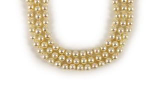 A modern triple strand cultured pearl necklace, with a 14k gold, cultured pearl and diamond set