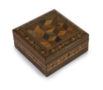 A 19th century rosewood and Tunbridgeware box,of square form, the hinged lid with 'tumbling cube'