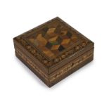 A 19th century rosewood and Tunbridgeware box,of square form, the hinged lid with 'tumbling cube'