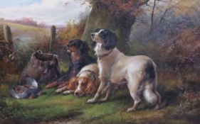 John Morris (19th C.) After the Hunt; gun dogs seated in landscapespair of oils on canvassigned40