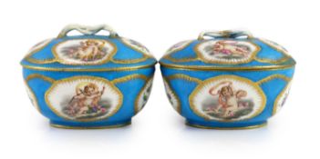 A pair of Sevres bleu celeste ecuelles and covers, c.1757–60,each painted with cherubs and floral