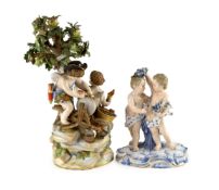 A Meissen group of Cupid forging arrows and a similar group of two cherubs, late 19th century,the