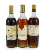 Three bottle of Chateau d'Yquem Lur-Saluces 1946, 1957 and 19621946 capsule a little rubbed, label a