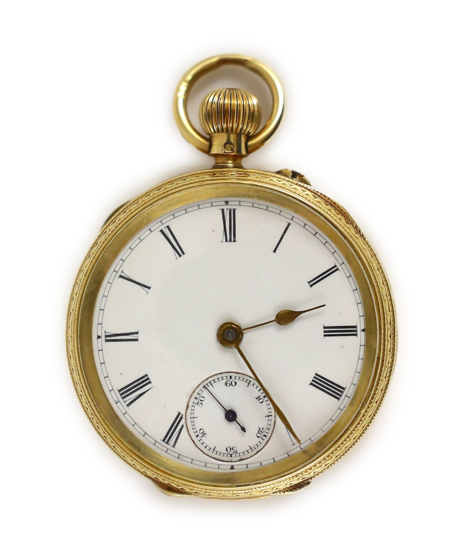A late Victorian engraved 18ct gold keyless pocket watch,with Roman dial and subsidiary seconds,