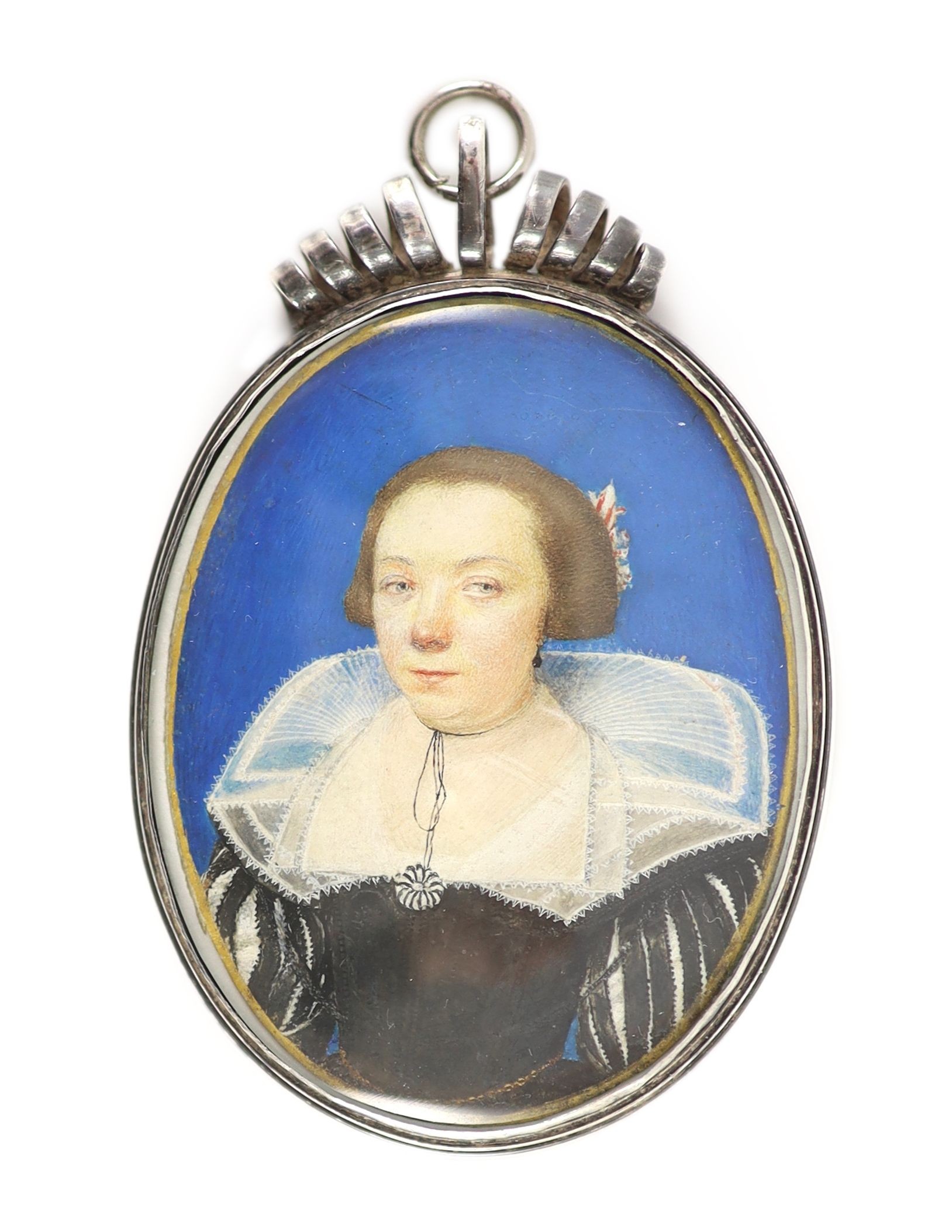 17th century English School Portrait miniature of a lady wearing a black dress with lace collar