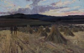 Sir Alfred East (1849-1913) Harvesters at sunsetoil on canvassigned40 x 60cmOil on original canvas
