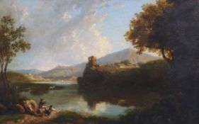 Circle of William Havell (1782-1857) Italianate river landscape with boys in the foregroundoil on