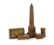 A Victorian Tunbridgeware desk thermometer,of obelisk form with 'tumbling cube' decoration, 19cm