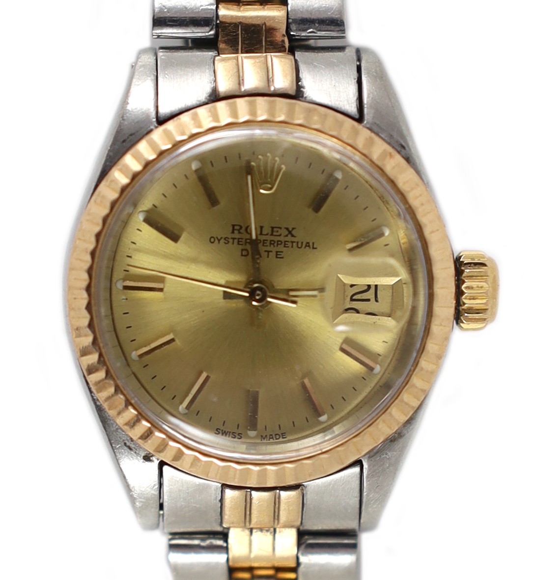 A lady's 1970's steel and gold Rolex Oyster Perpetual Date wrist watch, on a Rolex steel and gold