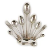 A harlequin canteen of Georgian and later silver and plated mainly fiddle pattern flatware,various