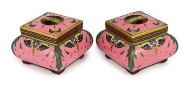 A pair of Minton pink ground square boxes and covers, c.1870, attributed to Christopher Dresser,each