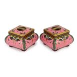 A pair of Minton pink ground square boxes and covers, c.1870, attributed to Christopher Dresser,each