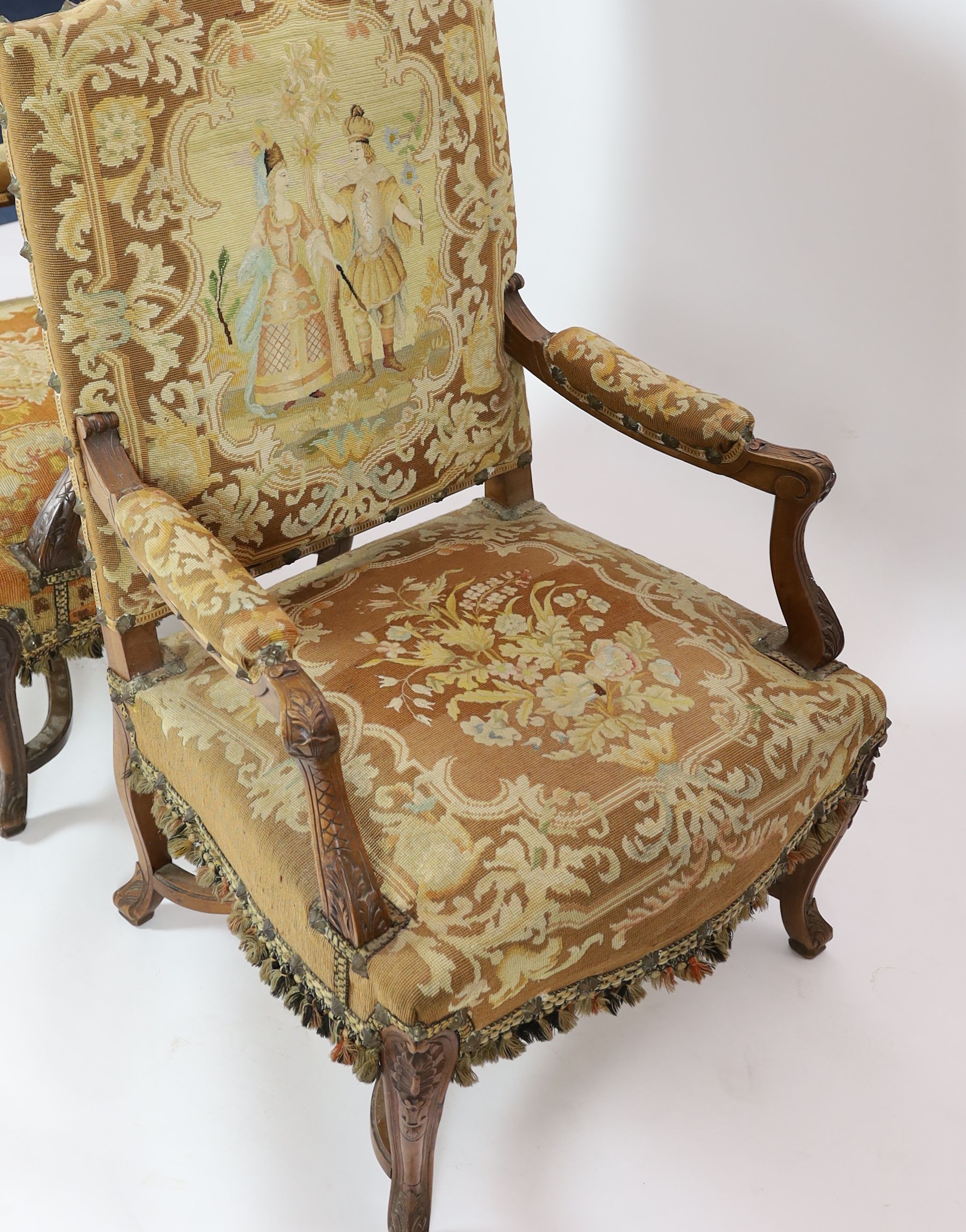 A pair of 19th century French walnut fauteuilswith scroll frames and part needlework upholsteryW. - Image 5 of 5