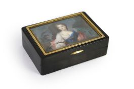 A 19th century Swiss gold mounted tortoiseshell snuff box,the lid inset with a gouache miniature
