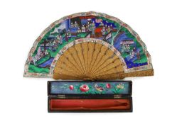 A Chinese lacquer cased sandalwood and lacquer fan, 19th century,the sticks and guards carved with