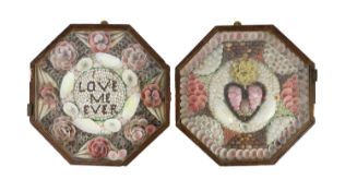 A 19th century sailor's shellwork Valentine in bi-fold octagonal case,with heart motif to one side