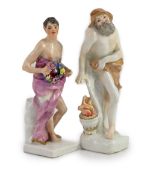 Two Meissen figures of Winter and a man holding a garland of flowers, mid 18th century,each on a