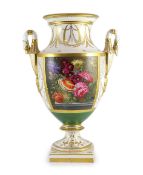 A large English porcelain pedestal vase, c.1810, possibly Coalport,each side painted with a study of