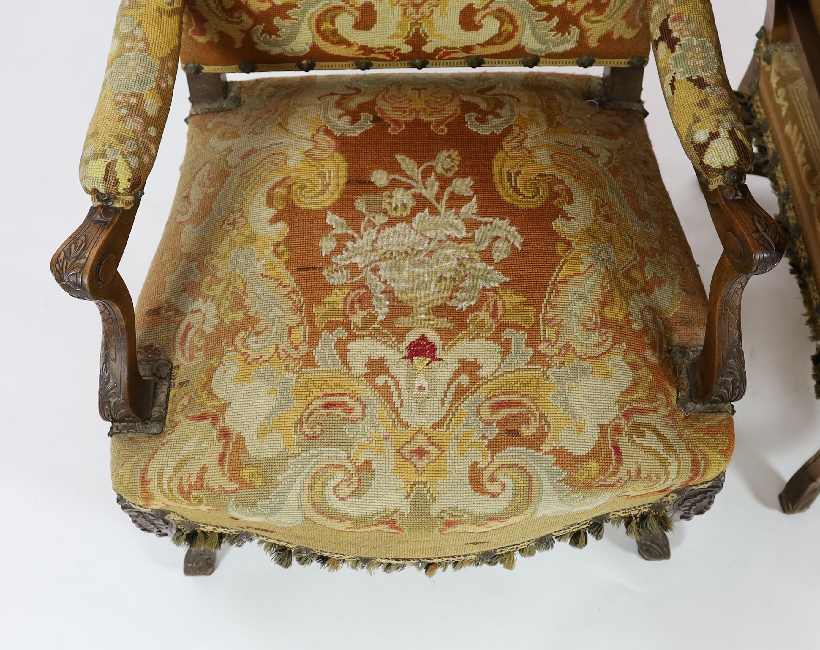 A pair of 19th century French walnut fauteuilswith scroll frames and part needlework upholsteryW. - Image 3 of 5