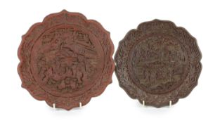 Two similar Chinese cinnabar lacquer dishes, Qianlong marks, late 19th century,the largest carved in