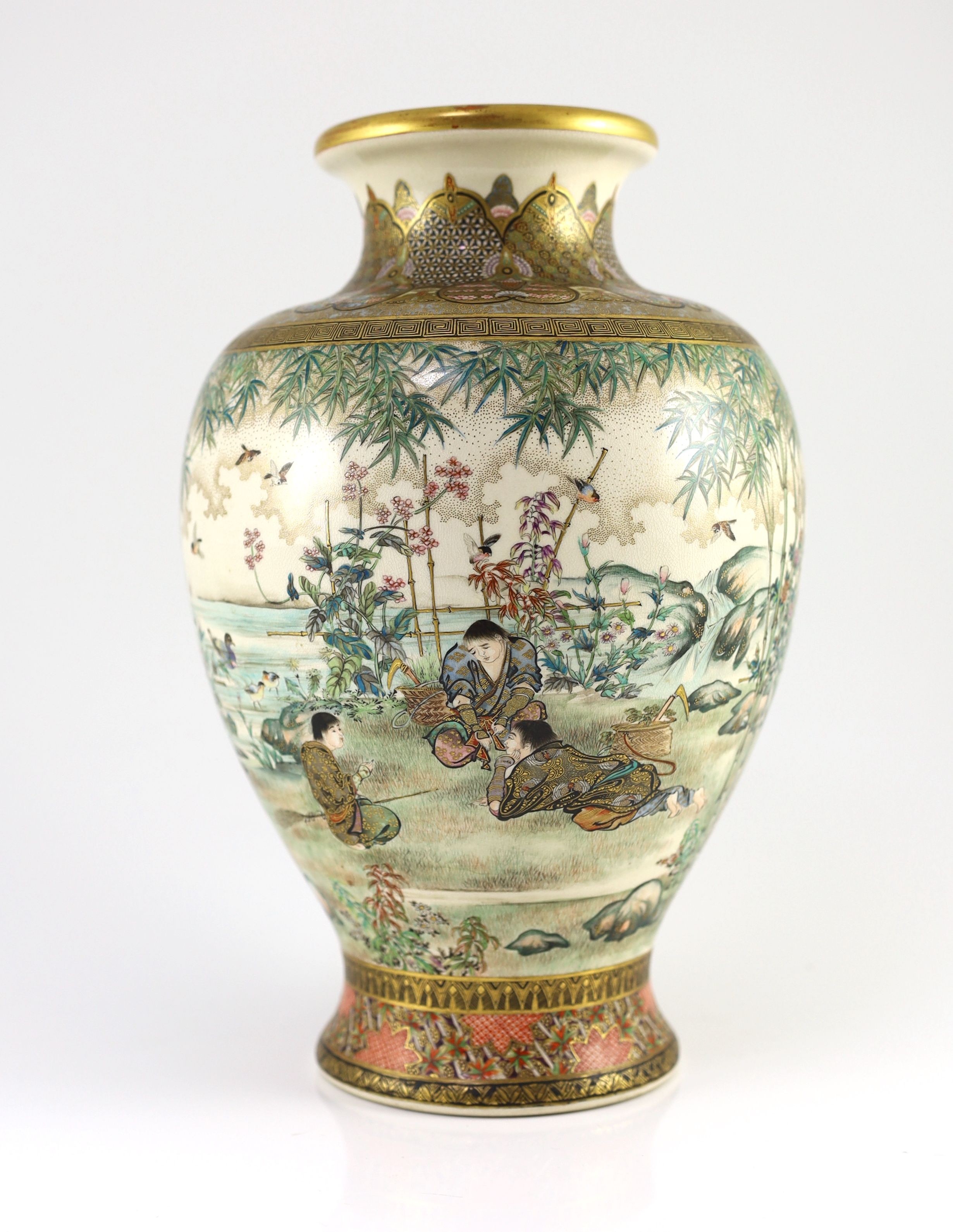 A fine Japanese Satsuma pottery vase, signed Takezan, Meiji period,finely painted with boys in a - Image 3 of 7