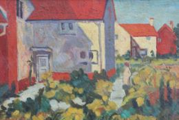 Spencer Frederick Gore (1878-1914) Houses and garden with woman wearing a red hatoil on