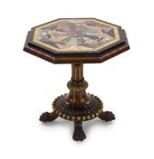 A Victorian parcel gilt carved mahogany and pietra dura centre table,with raised octagonal