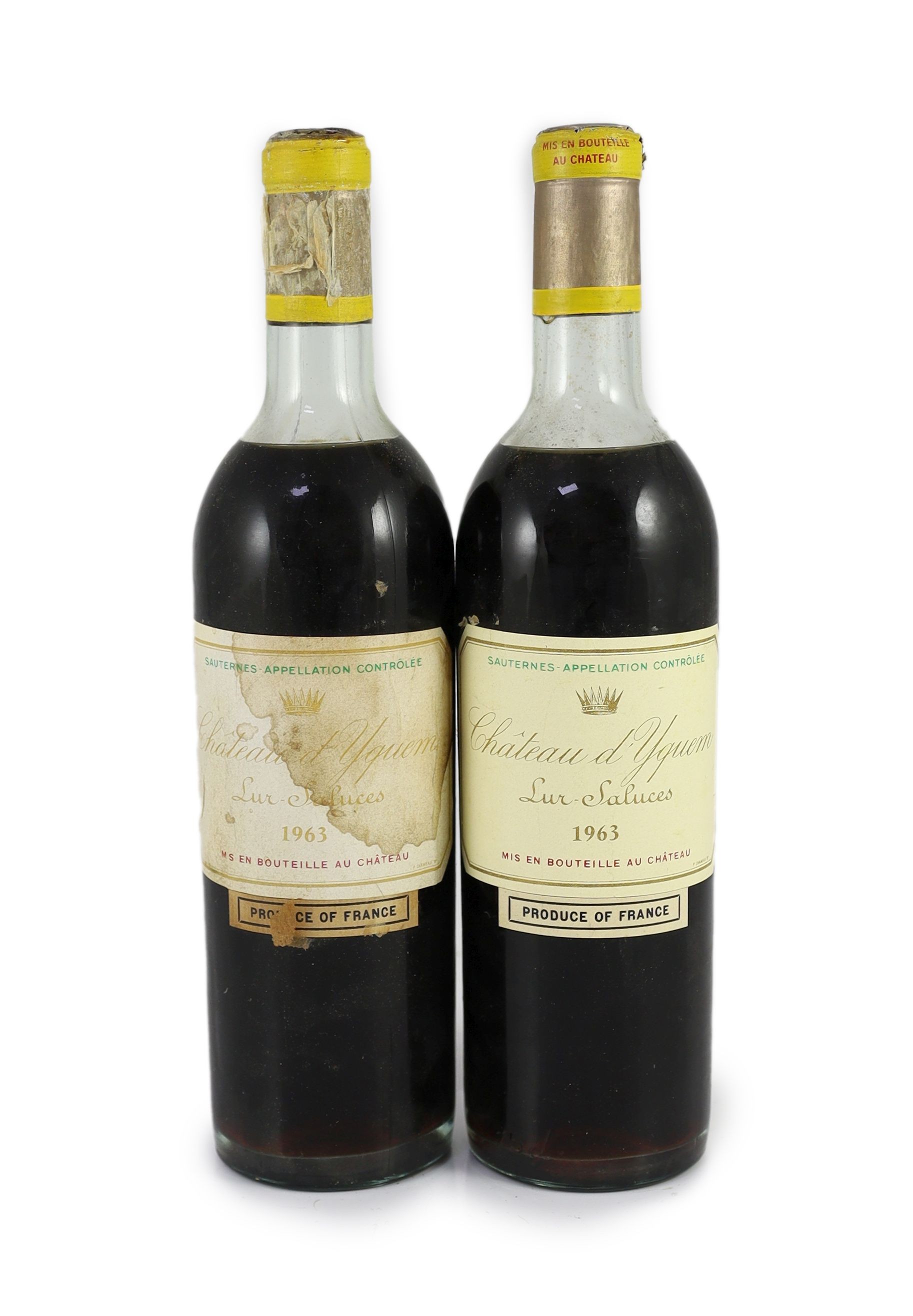 Two bottles of Chateau d'Yquem Lur-Saluces 1963One capsule slightly rubbed, the other showing