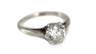 A 9ct white gold and solitaire diamond ring,the stone weighing approximately 1.60ct, size L, gross