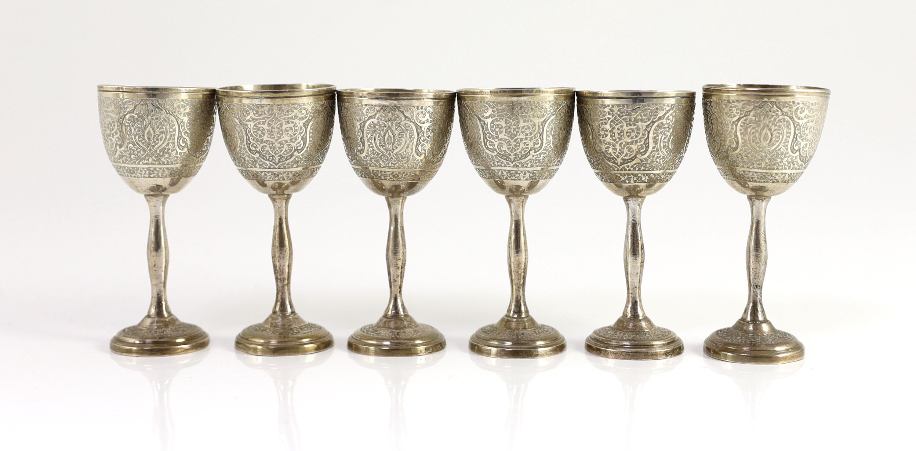 A Persian 84 standard silver ewer and six similar goblets, by Vartan,the goblets with engraved - Image 2 of 6