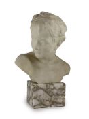An Italian carved white marble bust of a faun,with ivy leaf wreath in his hair, on marble plinth,