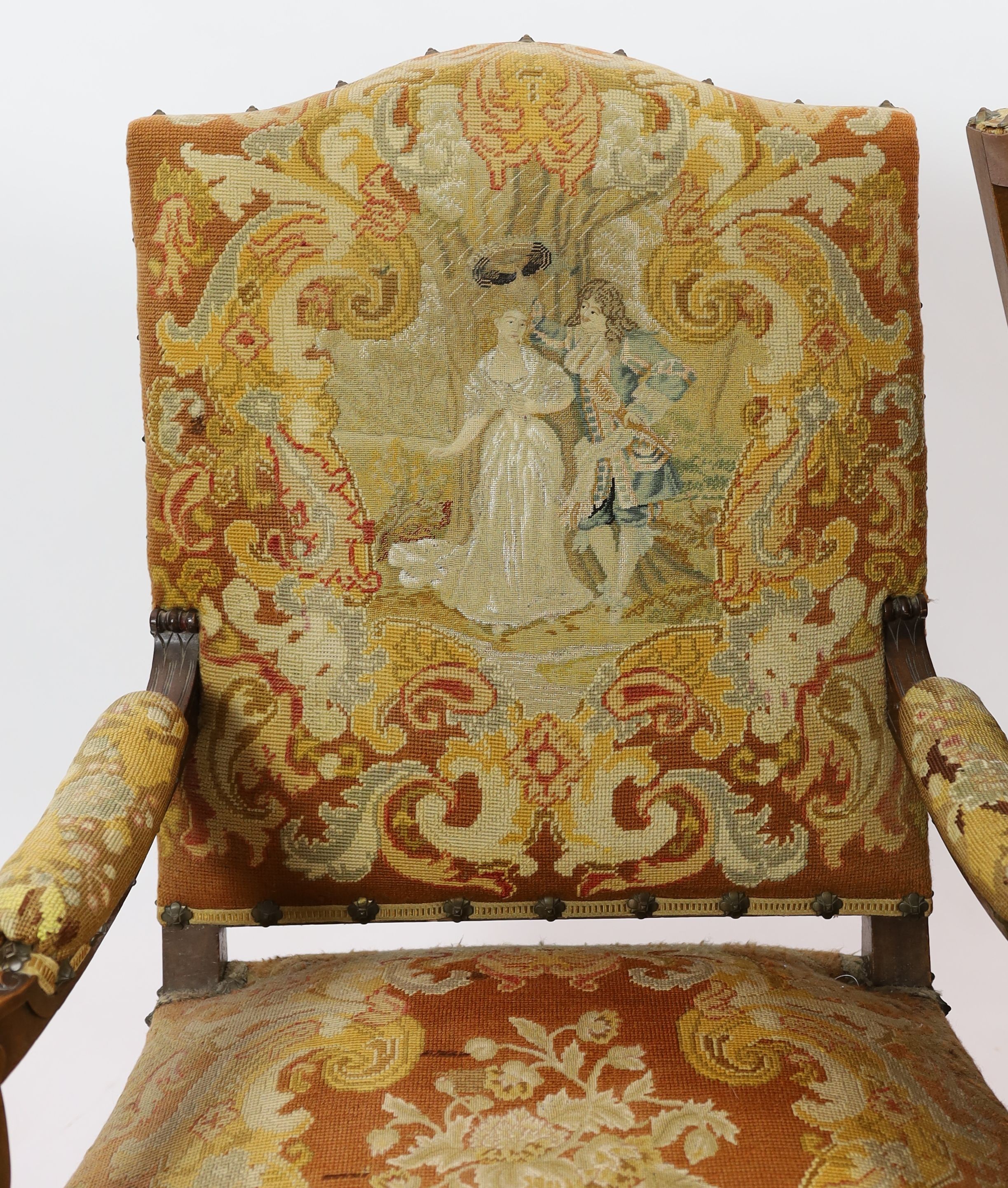 A pair of 19th century French walnut fauteuilswith scroll frames and part needlework upholsteryW. - Image 2 of 5