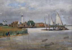 Attributed to Mahmoud Said (Egypt, 1897-1964) White mosque beside the Nileoil on cardsigned23.5 x