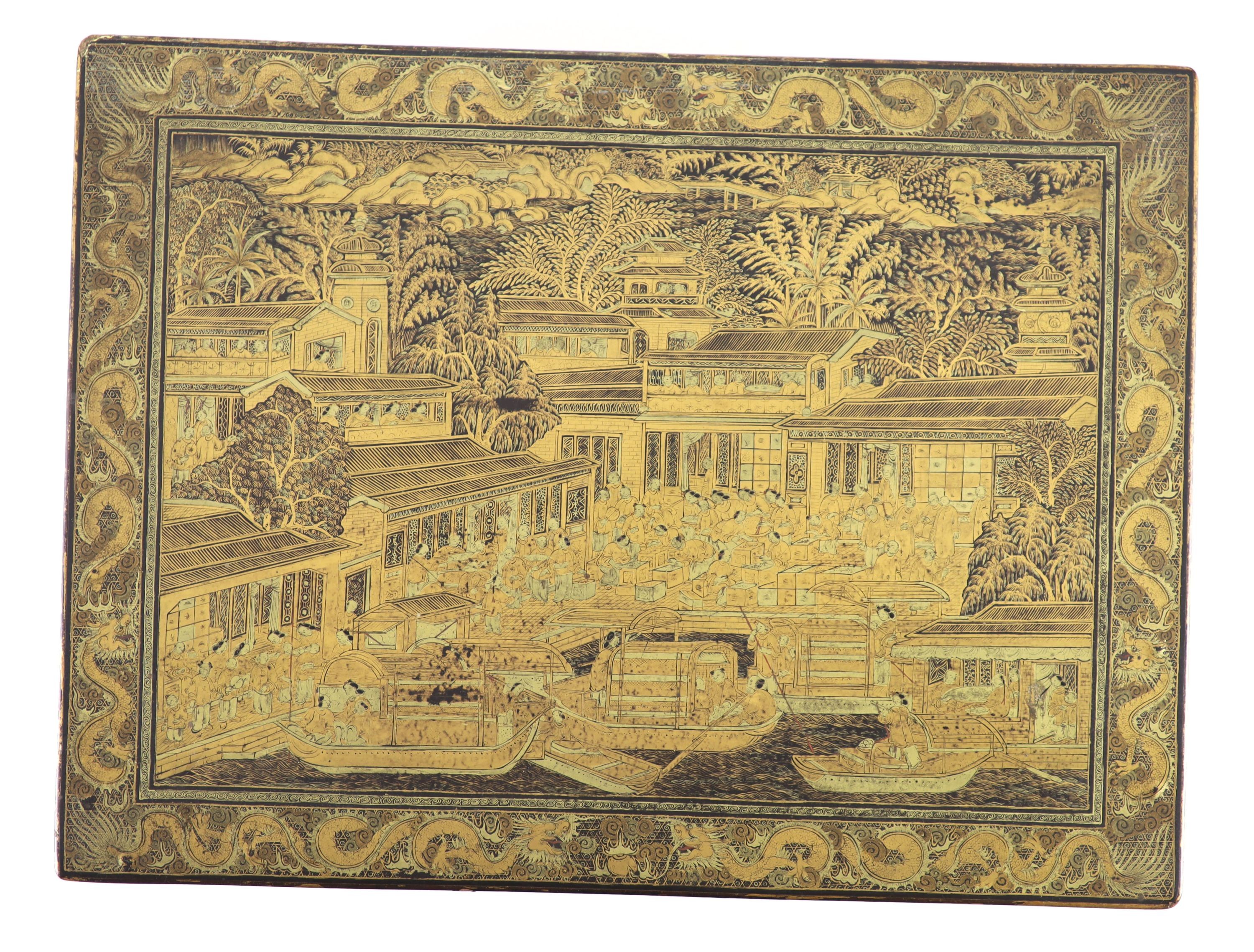 A Chinese export gilt decorated black lacquer tea chest, early 19th century,typically decorated with - Image 3 of 10