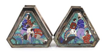 A pair of unusual Art Deco electroplated and cloisonné enamel panelled boxes and covers,decorated