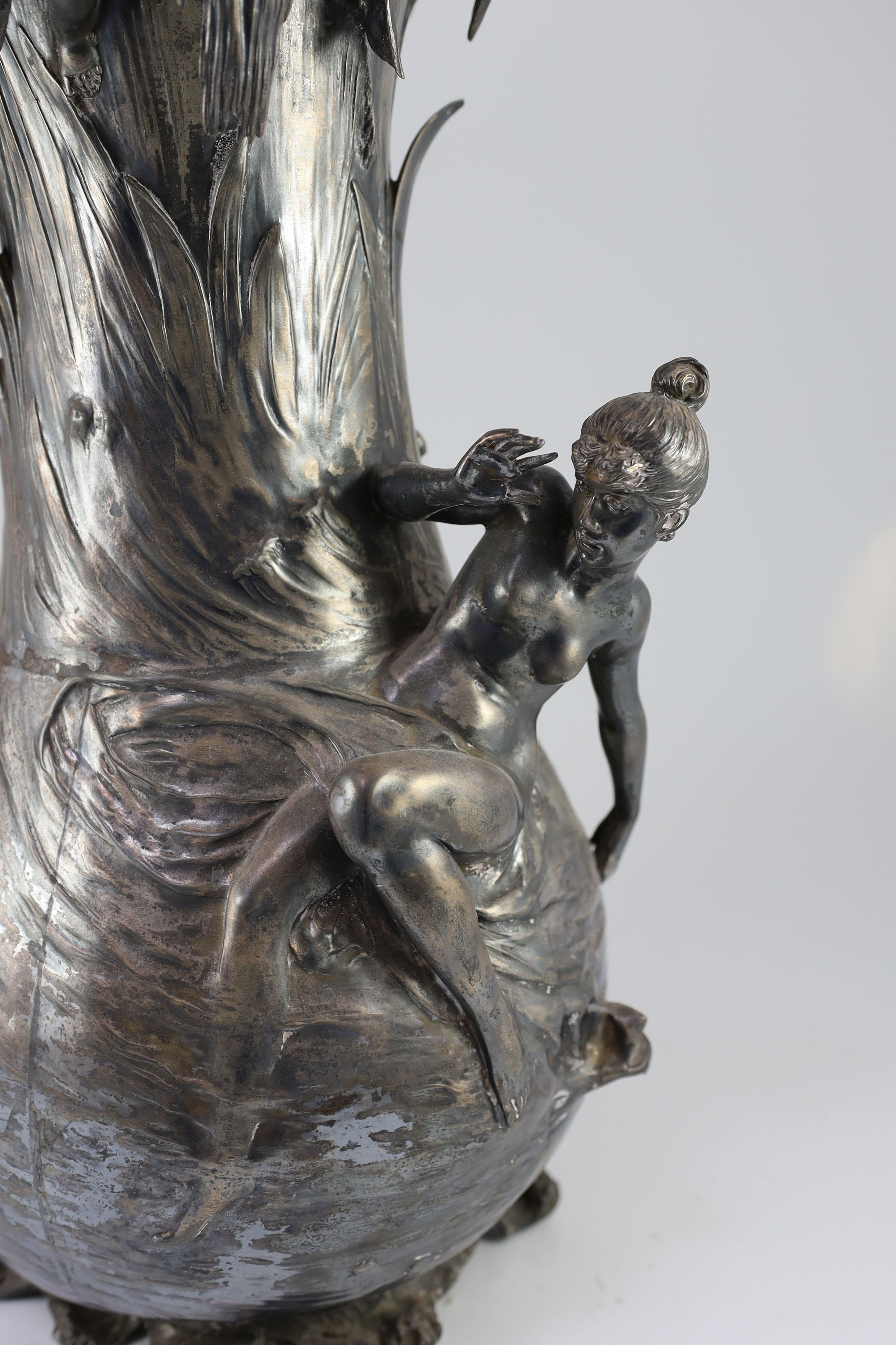 An unusually large WMF Art Nouveau silvered pewter vase,modelled as a water nymph and child - Image 3 of 4