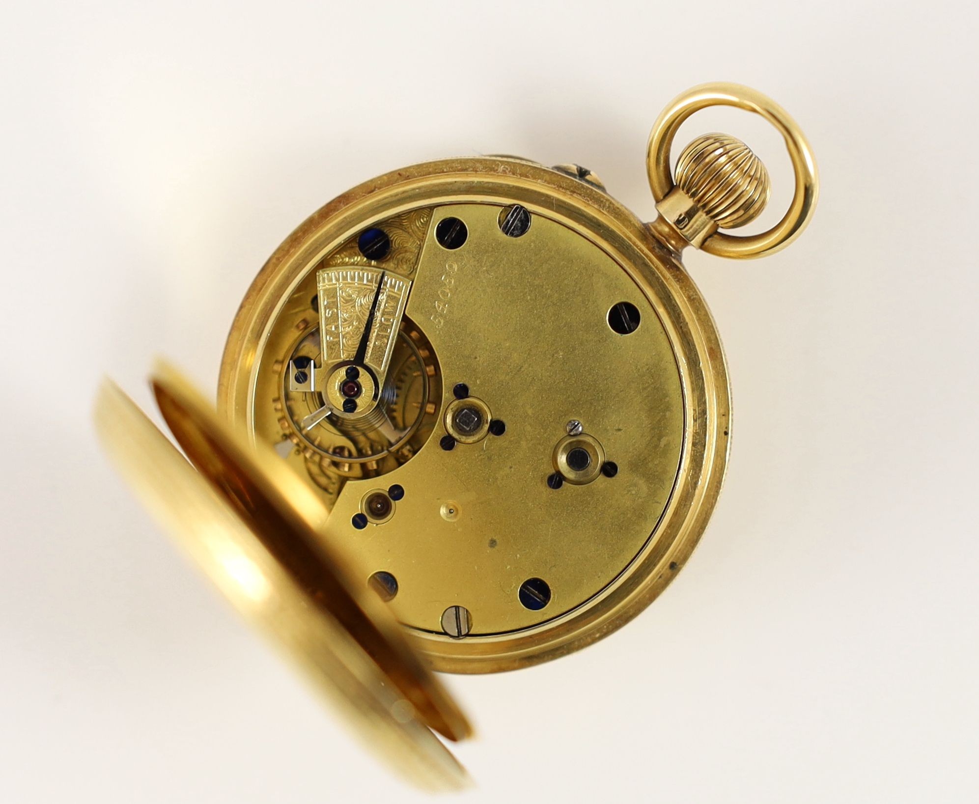 A late Victorian engraved 18ct gold keyless pocket watch,with Roman dial and subsidiary seconds, - Image 3 of 3