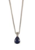 A platinum, pear shaped sapphire and single stone diamond set pendant necklace,pendant 13mm, 46cm,