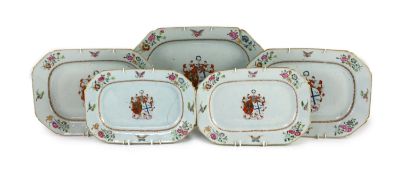 A set of five Chinese Armorial meat plates, circa 1738, with painted central Ross Family Coat of