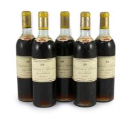 Five bottles of Chateau d'Yquem Lur-Saluces 1956, bottled by CalvetAll in good condition, caps