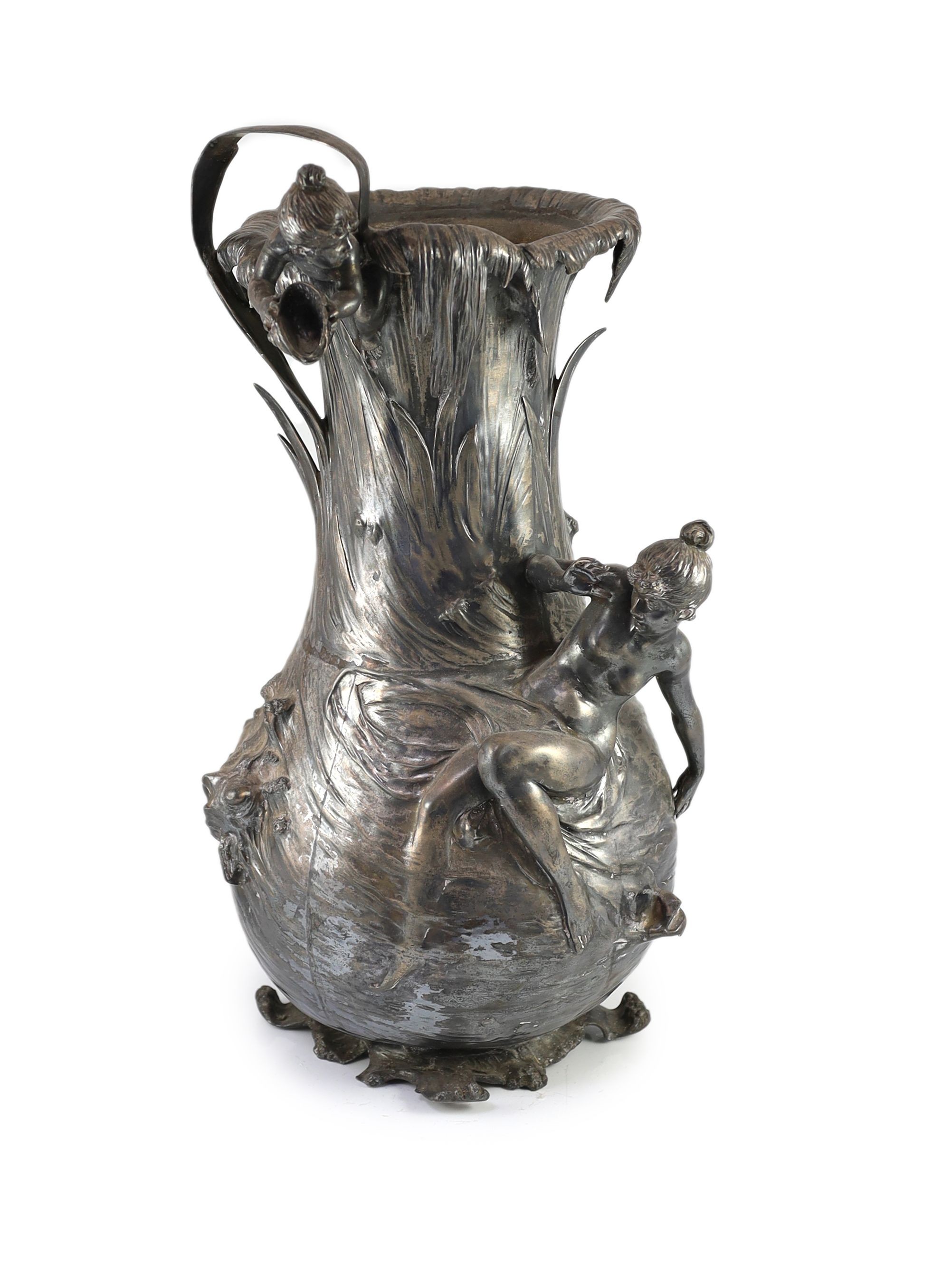 An unusually large WMF Art Nouveau silvered pewter vase,modelled as a water nymph and child