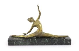 An Art Deco bronze figure of a dancer, signed Moranteon marble plinth,width 40cm. height 25cm.