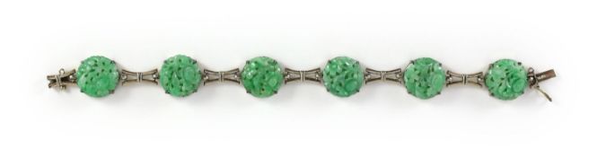 A mid 20th century 9ct white gold and jadeite set bracelet, in original Liberty & Co. fitted box,
