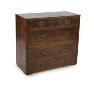 A late Victorian brass bound oak campaign chest,fitted two short and three long drawers with