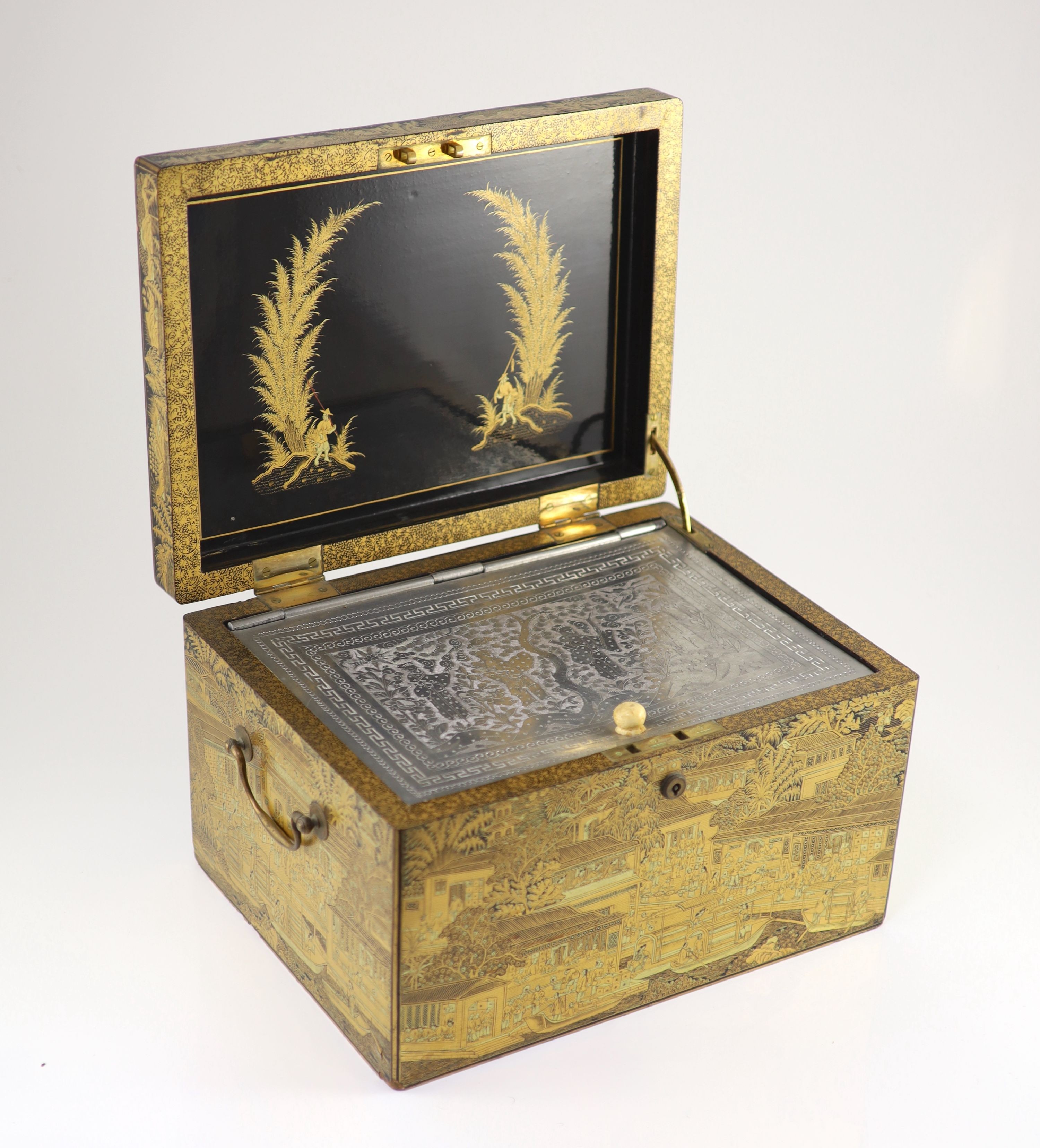 A Chinese export gilt decorated black lacquer tea chest, early 19th century,typically decorated with - Image 7 of 10
