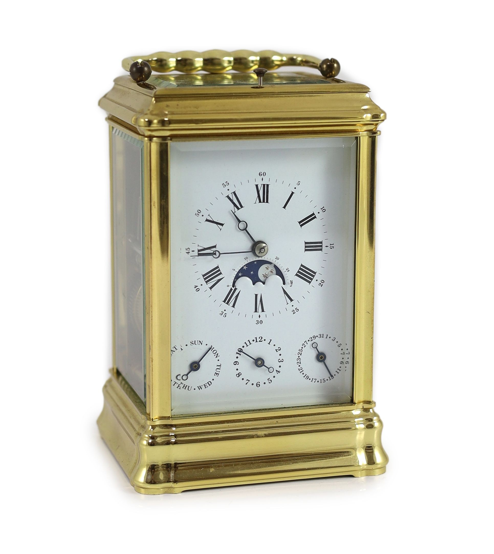 A L'Epée hour repeating brass carriage clock,with moonphase and calendar dial, in gorge case, with