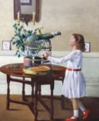 Modern British Interior with girl and parakeetoil on canvas73 x 61cmOil on canvas cleaned and