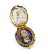 A rare enamelled gilt metal Charles I memorial portrait locket, 17th century,of oval form, with