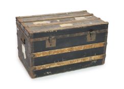 A metal mounted canvas and wood bound cabin trunk, bearing labels relating to 'Mrs Mallowan',